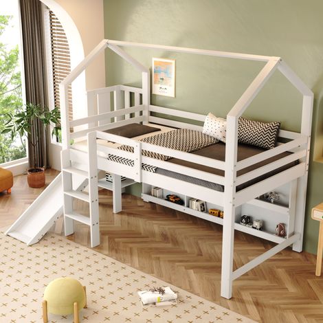 Lit enfant 90x200 cm multifonctionnel avec toboggan, escalier, casiers & étagère – bois massif + MDF, blanc, sans matelas (1/4)