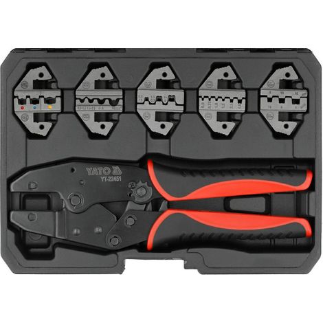 Yato YT-22451, Set para crimpar conectores, incluye 5 matrices, ideal para trabajos de instalación de redes y telecomunicaciones.