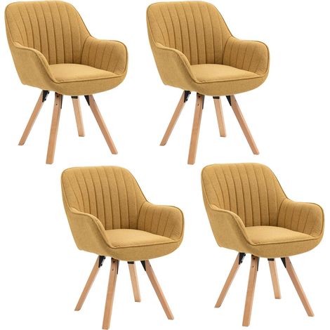 Lot de 4 Chaise Salle à Manger Fauteuil Coiffeuse Siège Pivotant avec Accoudoirs pour Chambre Salon Cuisine Bureau, Rembourré en Tissu Pieds en Bois Massif, Jaune, 60x58x83cm (1/5)