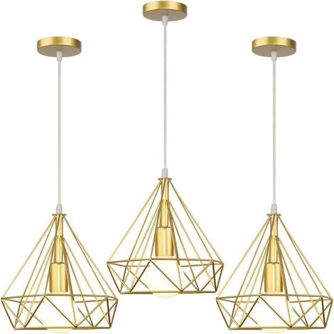 Suspension Luminaire Industriel - Lot de 3 - Métal Doré - Design Cage Diamant Rétro - Salon Cuisine Chambre - 25 cm (1/5)