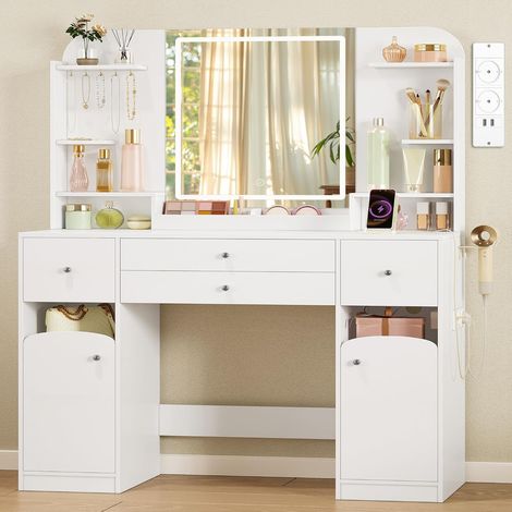 Coiffeuse avec Eclairage LED, avec Prise et Support pour Sèche-Cheveux, Grand Plateau 108 cm, Coiffeuse avec 2 Grands Tiroirs avec Rangement pour Bijoux, 2 Armoires