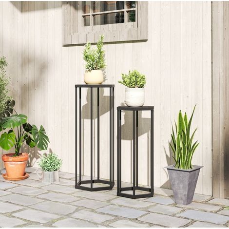 Set di 2 portavasi 31x27x75 cm e 28x25x60 cm nero in metallo con struttura esagonale per interno ed esterno (1/3)