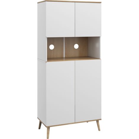Buffet de cuisine blanc, armoire de rangement 2 portes avec étagères ajustables, niche centrale et 2 passe-fils (1/5)