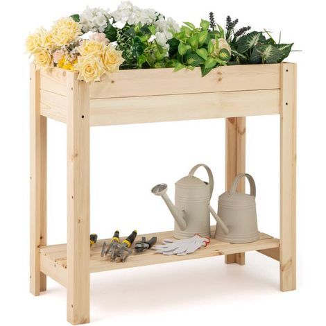 Letto rialzato in legno con gambe, letto da giardino con ripiano portaoggetti e fori di drenaggio, contenitore (81 x 37 x 77 cm) (1/5)
