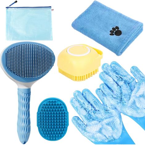 6-in-1 Grey Pet Grooming Kit: Hair Brush, Towel, Washing Gloves, Slicker Brush, and Shampoo Scrubber for Dogs and Cats (1/5)