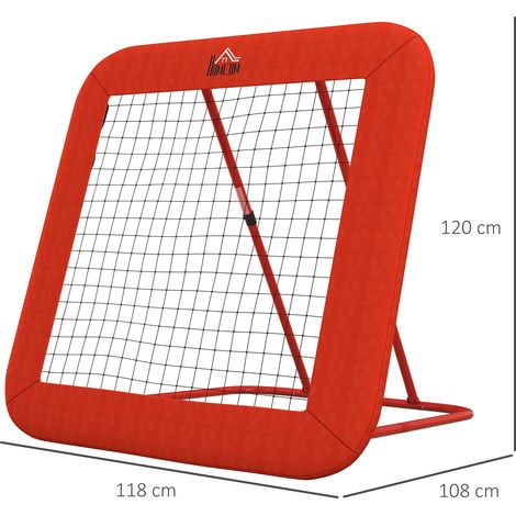 Filet de rebond pliable pour ballon de foot, hauteur ajustable sur 5 crans, avec liseré de sécurité, sardines, paroi de renvoi et filet pour handball, volley et basket, teinte rouge. (1/5)