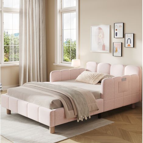Cama infantil 90x200 cm rosa de terciopelo con cabecero acolchado y barrera anticaídas (1/5)