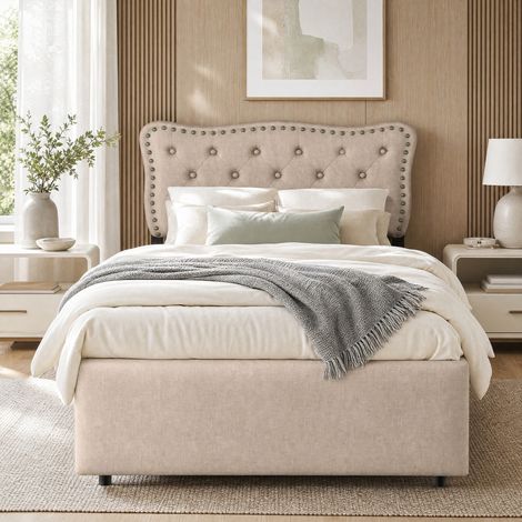 Letto per adulti 90x200 cm, con 2 cassetti e testiera regolabile, in tessuto e MDF beige marrone, senza materasso (1/5)