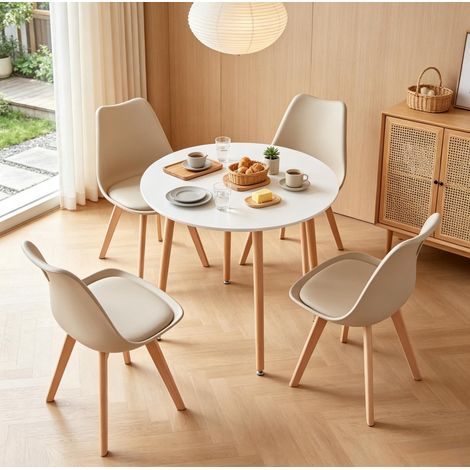 Set tavolo da pranzo rotondo con 4 sedie in legno, plastica e similpelle, 80 cm, bianco (1/5)