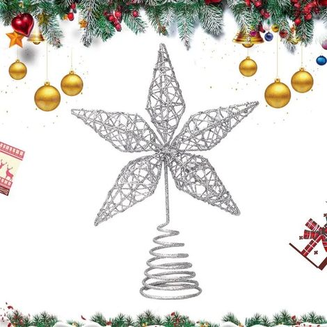 Cimier d'arbre de Noël 25 cm/9,8 pouces Étoile d'arbre de Noël en fil métallique Étoile creuse pour cimier d'arbre de Noël (argent) (1/5)