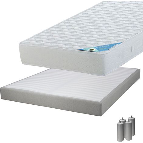 MALDIVES - Pack Matelas 160x200 + Sommier Tapissier Démontable 2x20 Lattes Lin + Pieds Argent 15cm (1/5)