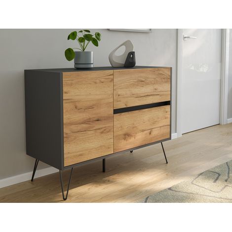 Raumwunder L Sideboard Kommode 100cm 2 SoftClose 1 Tür Grafit/Eiche Front (1/5)