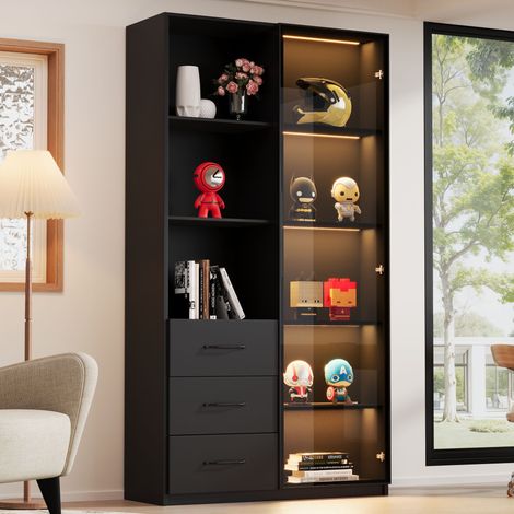 Vitrine LED 80x40x160 cm, meuble vitrine noir avec porte en verre trempé, 3 tiroirs, 3 niches ouvertes, cadre aluminium et soft-close (1/5)