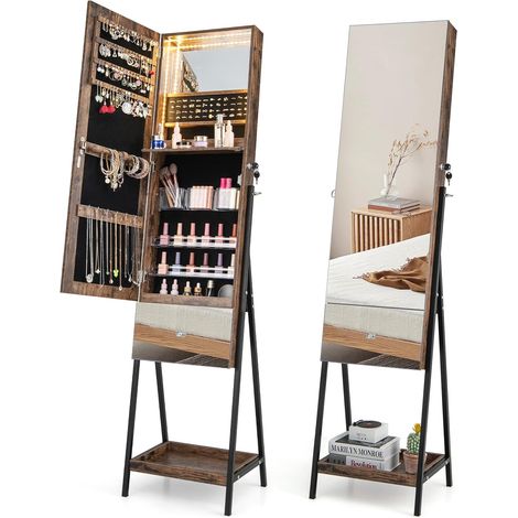 GOPLUS Armoire à Bijoux sur Pied-Miroir Pleine Longueur-Lumières LED 3 Couleurs-Verrouillable-Étagère de Maquillage Pliable Marron (1/5)