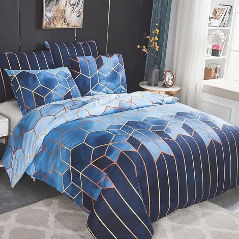 Housse de Couette 220x240 cm avec 2 x Taies d'oreiller 65x65 cm, Géométrique Imprimé Boho Microfibre Literie Parure de Lit Linge de Lit avec Fermeture Éclair pour 2 Personnes, Bleu (1/5)