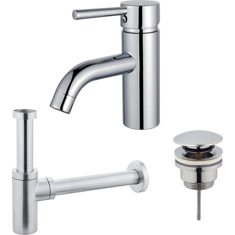 Fortifura Calvi Kit mitigeur lavabo - robinet bas - bonde clic clac - siphon design - Chrome brillant