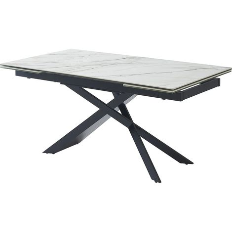 Vente-Unique – Table extensible 6 à 10 personnes – Plateau en céramique et verre trempé – Piètement métal – Effet marbre blanc et noir – 2 allonges intégrées (1/5)