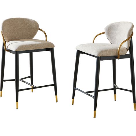 Lot de 2 tabourets de bar réglables en hauteur, tissu chenille beige clair, structure métal noir et doré avec dossier et repose-pieds (1/5)