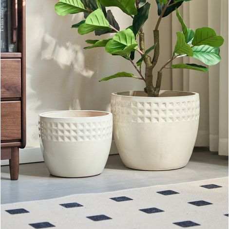 Set di 3 vasi da fiori Ø38/30.5/23 cm bianco crema in ceramica con rilievo, foro di drenaggio e resistenza al gelo (1/5)
