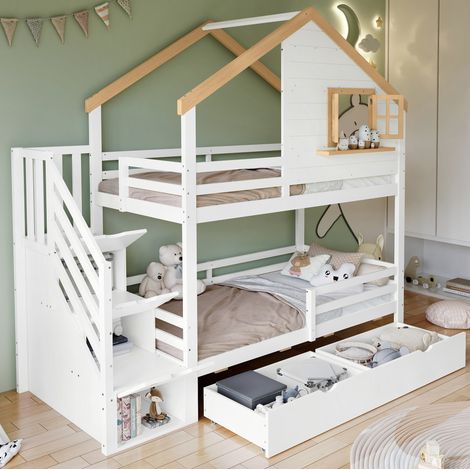 Etagenbett 90x200 Holz mit Stauraumtreppe Kinder OKMYHOME (1/5)