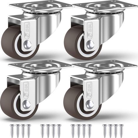 4 schwenkbare Möbelrollen ohne Bremse + Schrauben – 33 mm bis 40 kg – Mini-Rollen ohne Abdrücke für schwere Böden – Gummiräder für Transportwagen – Silber (1/5)