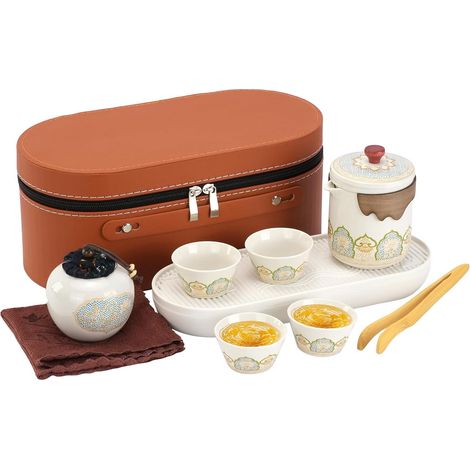 10 Pièces Set de Thé en Porcelaine, Set de Thé Portatif en Céramique Chinois pour Adultes, Ensemble Théière et Tasses pour Amateur de Thé : Voyage, Maison, Cadeau, Bureau Extérieur (1/4)