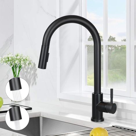 ZMH Robinet de cuisine Robinet de cuisine noir - Robinet d'évier extensible avec douchette Mélangeur évier rotatif 360° Robinet en acier inoxydable avec 2 types de jets Robinet de cuisine mat (1/5)