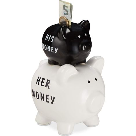 Relaxdays Salvadanaio His & Her Money, Set da 2 Maialini, Idea Regalo, Portamonete per Coppie e Matrimoni, Nero/bianco (1/5)