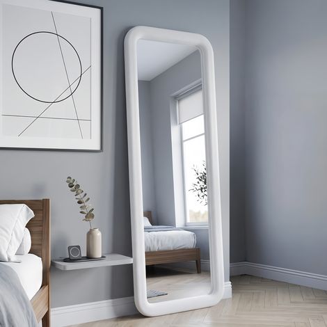 Miroir sur Pied 160x50 cm Vague en Flanelle Rembourrée, Miroir Intégral Mural Incassable HD Moderne, pour Chambre et Sal - Blanc