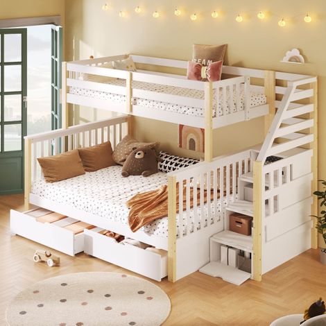 Lit superposés 90 x 200cm et 140 x 200cm Lit enfant avec tiroirs et escalier avec rangement Conception de sécurité Blanc et Naturel