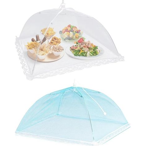 Cloches alimentaires anti-mouches 2 pièces 32 x 32 cm – Couvre-plats en filet pliables – Protection des aliments contre insectes et poussière – Pour intérieur et extérieur – Blanc bleu (1/5)