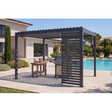 Pérgola bioclimática autoportante PIANA de 3x2 m en aluminio gris con 1 lama de privacidad.