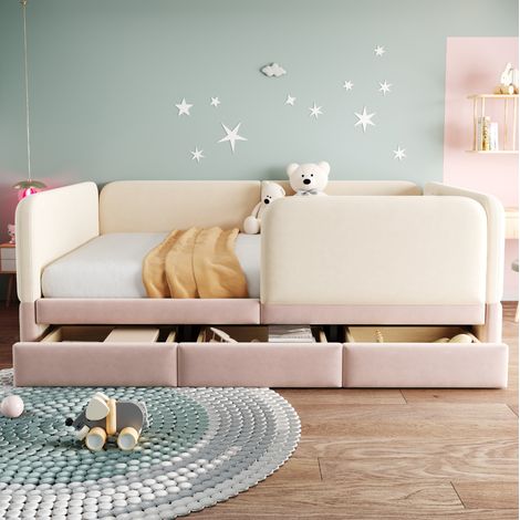 Polsterbett Kinderbett 140x200 cm mit Sicherheitsumrandung, Stauraum und Samtbezug (1/5)