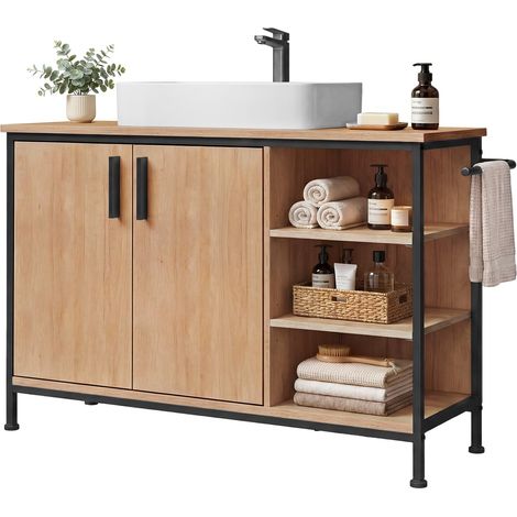 Meuble sous-lavabo sur pied en MDF effet chêne, cadre métallique noir (1/5)