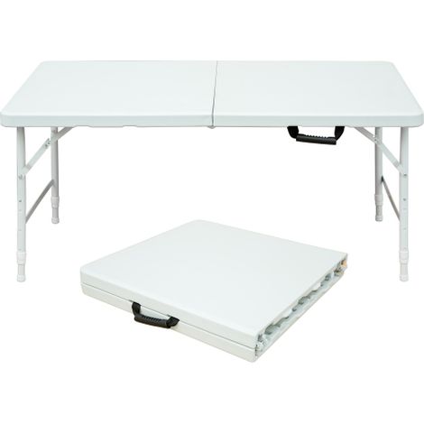 Table pliante portable 125 cm avec poignée, hauteur réglable, multifonctionnelle, pour camping/pique-nique/fêtes, charge 135 kg, blanche (1/5)