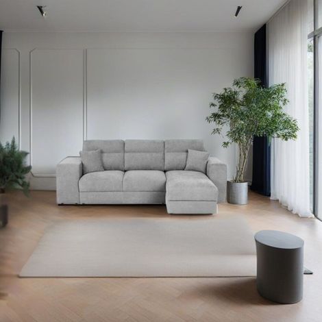 Divano penisola reversibile con funzione letto e pouf colore grigio chiaro Lilo 266x153x98H (1/5)