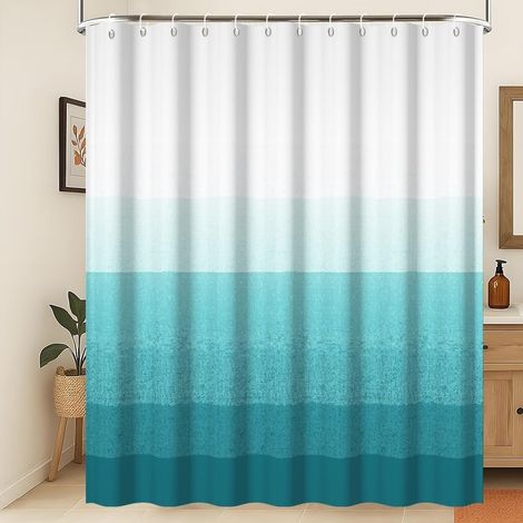 Rideau de Douche Moderne et concis Blanc et Turquoise dégradé Esthétique contemporaine Abstraite Rideau de Salle de Bain imperméable Lignes géométriques en Ombre 3D Décoration 150x200cm (1/5)