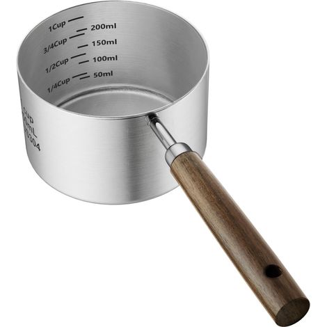Pelle à nourriture pour chien et chat, 1 tasse, tasse à mesurer en acier inoxydable 304 avec longue poignée en bois, pelle durable pour chien, chat, lapin, facile à nettoyer avec des marques de (1/5)