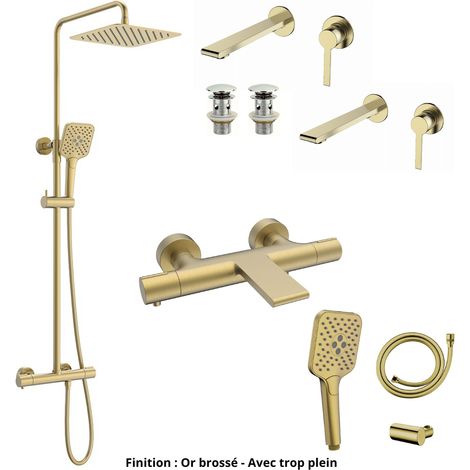 2 Mitigeurs lavabo +2 Bondes +Colonne de douche +Mitigeur Bain+Support douchette Couleur Or brossé Version Bonde avec trop plein (1/5)