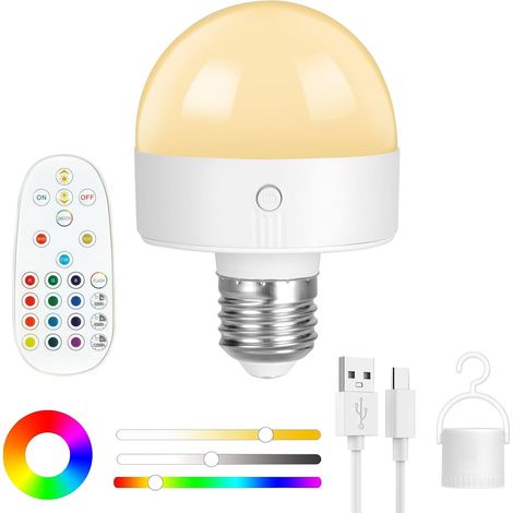 E27 Ampoule Telecommande Sans Fil, 15 Couleurs Ampoule Rechargeable Type C, E27 Ampoule avec Télécommande et Fonction Tactile, Ampoule à Intensité Variable pour Chambre, Cuisine, Plafond (1/5)