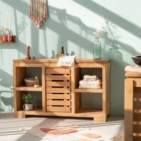 Wanda Collection – Meuble bas de salle de bain en teck massif 120 cm – 4 niches et porte ajourée – Hauteur 74 cm, profondeur 40 cm (1/5)