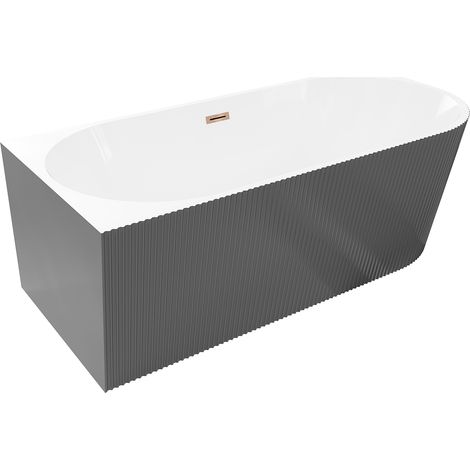 Mexen Silo freistehende Eckbadewanne links geriffelt 150 x 75 cm, weiß/grau, Überlauf roségold - 52891507562L-60 (1/5)