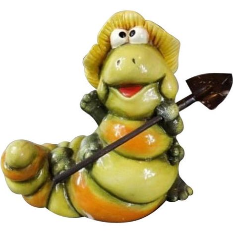 Figura de cerámica: oruga verde con pala y sombrero.
