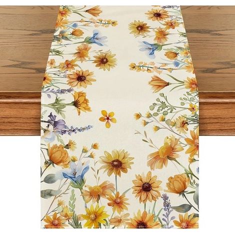 Chemin de table - Chemin de table fleuri - Chemin de table de Pâques - Lin de haute qualité - Décoration de table printanière pour la cuisine, la salle à manger ou les fêtes - 33 x 183 cm - Marguerite (1/4)