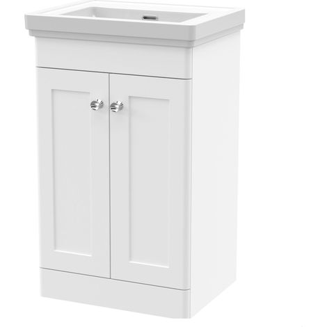 Swynnerton Traditional 2 Door Floor Standing Vanity Unit with Basin, Satin White, 500mm