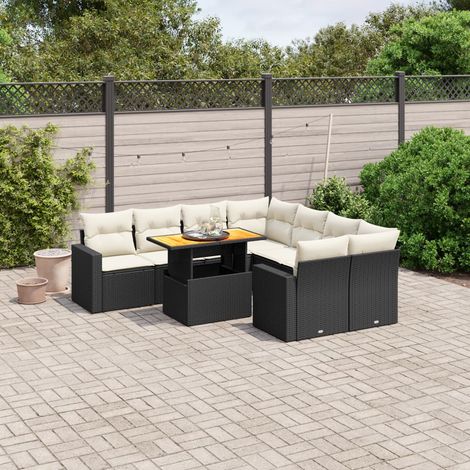 Salon de jardin 9 places en résine tressée noir avec coussins - Ensemble modulaire 8 sièges + table extensible acacia (1/3)