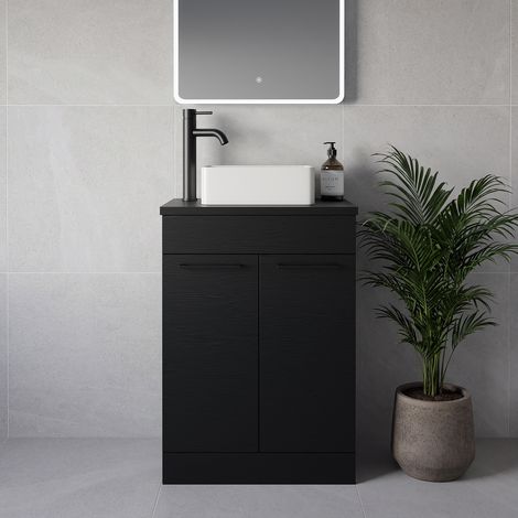 Napoli 390 Nero Oak 600mm 2 Door Vanity Unit for Countertop Basins - 600mm - Matt Black 160mm Handle