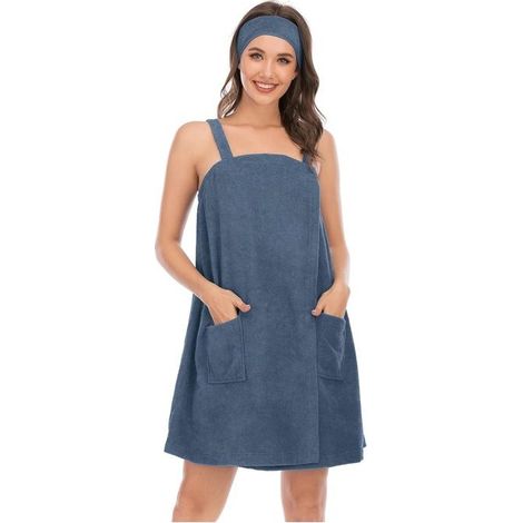 Femmes Serviette de Bain Ajustable avec Bandeau pour Sauna Douche Spa & Plage Cover, Bleu/Gris ,XL Code (1/5)