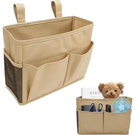Sac de Rangement pour Lit Suspendu - 5 Poches en Toile de Jute,Bedside Hanging Storage Organizer Organisateur de Lit Superposé Ajustable 30x20cm (Beige) pour Berceau/Chaise/Camping (1/5)