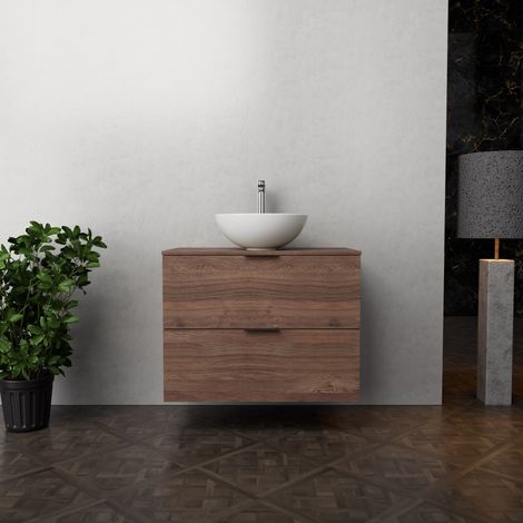 Inda - Badezimmerschrank B.80 mit Aufsatzwaschbecken / Braune Eiche 2 Schubladen - Topazio
